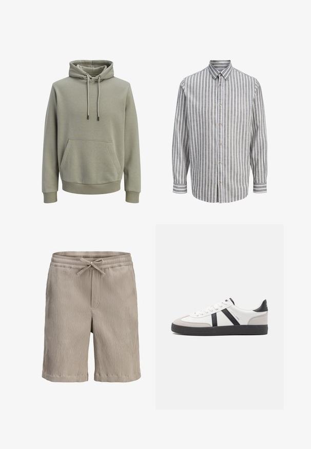 Sweat à capuche vert olive clair avec poche kangourou à l'avant, cordons de serrage, et poignets et ourlet côtelés.; Chemise à manches longues avec boutons, rayures verticales grises et blanches, col classique, coupe ajustée et poignets boutonnés.; Shorts en tissu côtelé beige avec une taille élastique et un cordon de serrage à nouer à l'avant.; Baskets blanches avec des accents noirs et gris, présentant un embout texturé gris, une semelle en caoutchouc noir et des lacets plats blancs. Design épuré, style minimaliste.