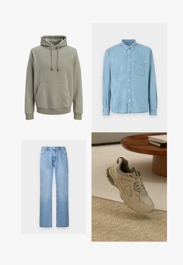 Lys olivengrøn hættetrøje med forlommekangaroo, snore og ribstrikkede manchetter og kant.; Lyseblå denimskjorte med lange ærmer, knaplukket krave, brystlomme foran og hvide knapper ned langs midten og på manchetterne.; Lyseblå denimjeans med lige ben, foran med knap og lommer, vist mod en ensfarvet hvid baggrund.; Beige og grå atletiske sneakers med mesh- og ruskindsdetaljer, svævende over et vævet tæppe ved siden af et trækaffebord med bøger.