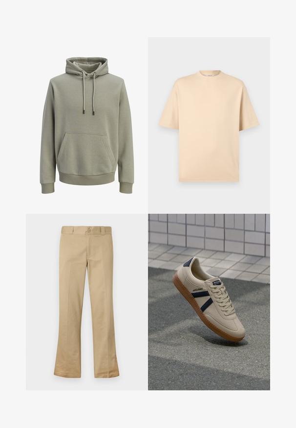 Lys olivengrøn hættetrøje med forlommekangaroo, snore og ribstrikkede manchetter og kant.; Beige oversize kortærmet T-shirt med rund hals og minimal syning på en lys grå baggrund.; Beige flarebukser lavet af en bomuldsblanding, med knaplukning, bæltestropper og glat front med blød tekstur.; Beige sneaker med struktureret overflade, marineblå striber og gummisål. Har en polstret tunge og traditionelt snørresystem for en sikker pasform.
