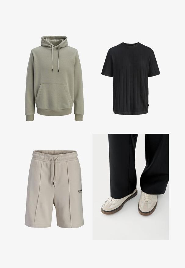 Sweat à capuche vert olive clair avec poche kangourou à l'avant, cordons de serrage, et poignets et ourlet côtelés.; Pull court à manches courtes noir en maille avec motif côtelé vertical et encolure ronde, présenté sur un fond blanc uni.; Short beige en coton avec taille élastique, cordon de serrage, coutures avant et petit logo noir JJ Studios sur la cuisse gauche.; Pieds portant des baskets beige avec des semelles marron et un pantalon noir à jambes larges sur fond blanc.