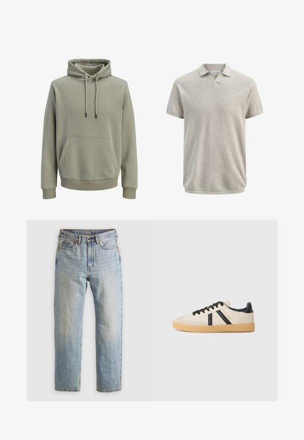 Sweat à capuche vert olive clair avec poche kangourou à l'avant, cordons de serrage, et poignets et ourlet côtelés.; Polo beige texturé à manches courtes avec col et légère ouverture en V, portant l'étiquette Jack & Jones.; Jean en denim bleu clair à taille haute, avec bouton avant, fermeture éclair et design à cinq poches, posé à plat sur un fond neutre.; Baskets décontractées en crème avec des rayures noires, présentant un dessus texturé et une semelle en caoutchouc. Les lacets sont noirs. Logo discret sur le côté.