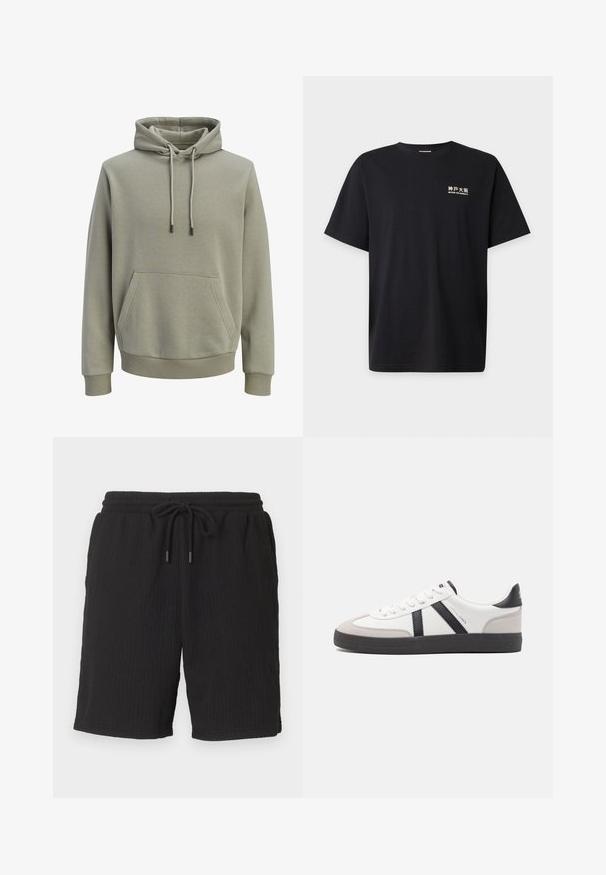 Sweat à capuche vert olive clair avec poche kangourou à l'avant, cordons de serrage, et poignets et ourlet côtelés.; T-shirt noir à manches courtes avec des caractères japonais blancs et un texte indiquant « "BEYOND THE NORMALITY" » sur le haut gauche de la poitrine.; Shorts en maille côtelée noire avec ceinture élastique et cordon, coupe droite et poches latérales.; Baskets blanches avec des accents noirs et gris, présentant un embout texturé gris, une semelle en caoutchouc noir et des lacets plats blancs. Design épuré, style minimaliste.