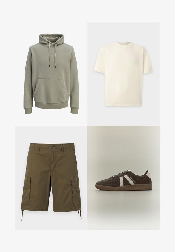 Sweat à capuche vert olive clair avec poche kangourou à l'avant, cordons de serrage, et poignets et ourlet côtelés.; T-shirt uni, à manches courtes, écru avec un col rond, présenté sur un fond gris clair. Aucun motif ou logo visible.; Short cargo kaki avec poches latérales à rabat, fermeture à boutons à l'avant, passants pour ceinture et cordons réglables à l'ourlet.; Basket en daim marron avec des bandes blanches, un renfort de talon blanc, une semelle gomme et le texte "JACK & JONES" sur le côté, présentée de profil sur un fond uni.