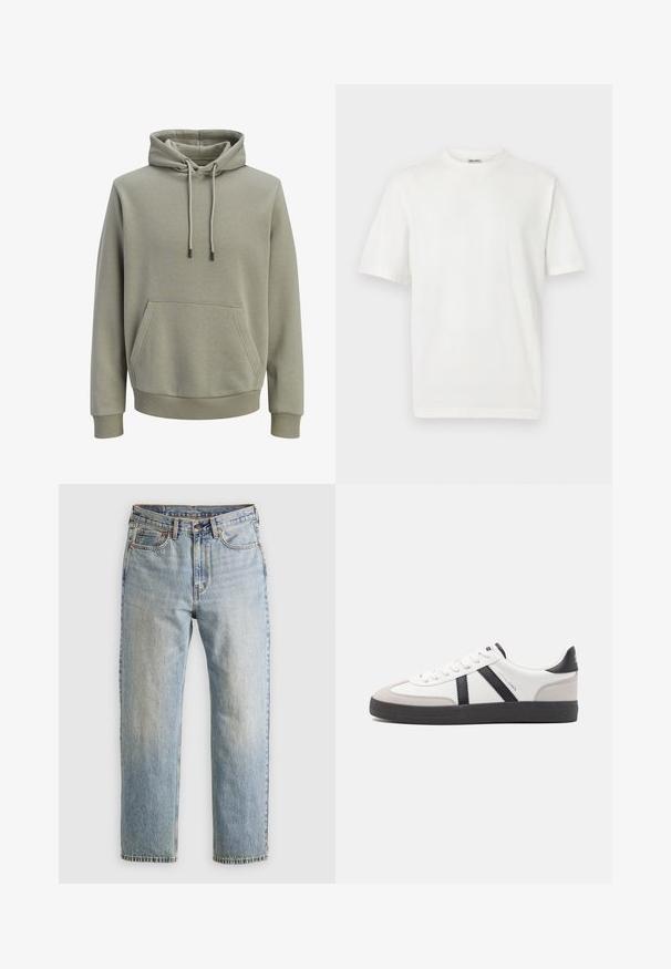 Sweat à capuche vert olive clair avec poche kangourou à l'avant, cordons de serrage, et poignets et ourlet côtelés.; T-shirt blanc uni à manches courtes et col rond côtelé, présenté sur un fond gris clair.; Jean en denim bleu clair à taille haute, avec bouton avant, fermeture éclair et design à cinq poches, posé à plat sur un fond neutre.; Baskets blanches avec des accents noirs et gris, présentant un embout texturé gris, une semelle en caoutchouc noir et des lacets plats blancs. Design épuré, style minimaliste.