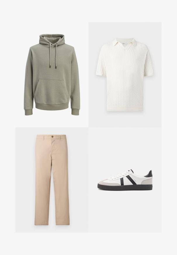 Sweat à capuche vert olive clair avec poche kangourou à l'avant, cordons de serrage, et poignets et ourlet côtelés.; Chemise tricotée blanche à manches courtes avec motif ondulé texturé et col ouvert, en tissu doux.; Pantalon beige à jambes droites avec passants de ceinture, fermeture à boutons sur le devant et poches latérales.; Baskets blanches avec des accents noirs et gris, présentant un embout texturé gris, une semelle en caoutchouc noir et des lacets plats blancs. Design épuré, style minimaliste.