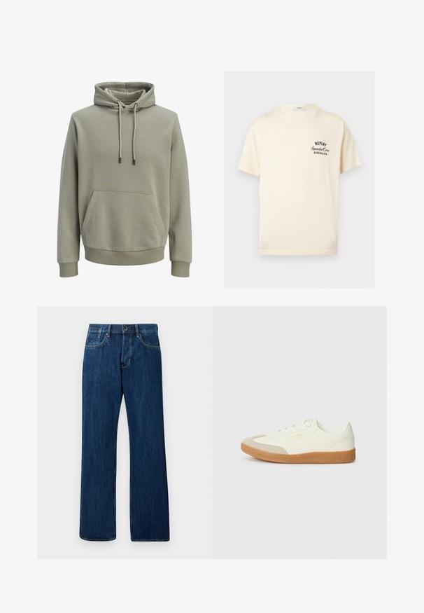 Hellolivgrüner Kapuzenpullover mit Kängurutasche vorne, Kordelzug und gerippten Bündchen an Ärmeln und Saum.; Cremefarbenes T-Shirt mit kurzen Ärmeln und schwarzem Text „REPLAY Squadra Corse ADRENALINA“ auf der linken Brustseite und rundem Ausschnitt.; Dunkelblaue Jeans aus Denim, gerade Beinform, mittlere Bundhöhe, klassischer Fünf-Taschen-Stil und leichte Verblassung, mit einem Metallknopfverschluss.; Sneaker aus weißem Leder mit einer beigen Zehenkappe und leichter brauner Gummisohle. Verfügt über flache weiße Schnürsenkel und geprägtes Branding an der Seite.