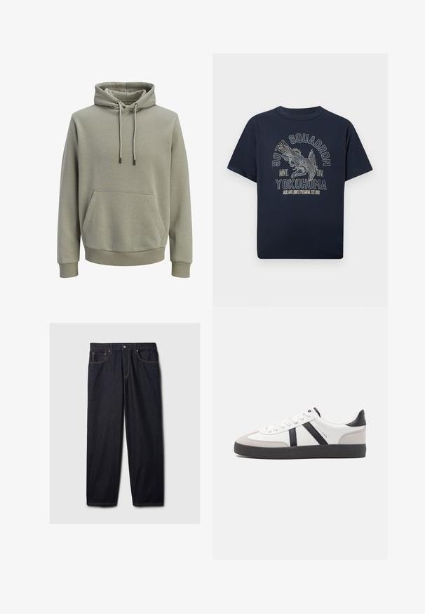 Lys olivengrøn hættetrøje med forlommekangaroo, snore og ribstrikkede manchetter og kant.; Mørkeblå bomuld t-shirt med korte ærmer og rund halsudskæring, med et detaljeret ørne-motiv og tekstdesign i lyse farver.; Mørke denim jeans med lige pasform, der har en knap- og lynlås-lukning, to frontlommer og kontrastfarvet orange syning.; Hvide sneakers med sorte og grå detaljer, med en tekstureret grå tåhætte, sort gummisål og flade hvide snørebånd. Rent design, minimalistisk stil.