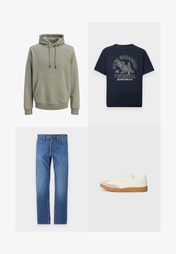 Lys olivengrøn hættetrøje med forlommekangaroo, snore og ribstrikkede manchetter og kant.; Mørkeblå bomuld t-shirt med korte ærmer og rund halsudskæring, med et detaljeret ørne-motiv og tekstdesign i lyse farver.; Blå denim jeans med lige ben, klassisk fem-lomme design, kobbersting og en falmet vask for et slidte look.; Sneaker lavet af hvid læder med en beige tåhætte og let brunt gummisål. Har flade hvide snørebånd og prægede branding på siden.