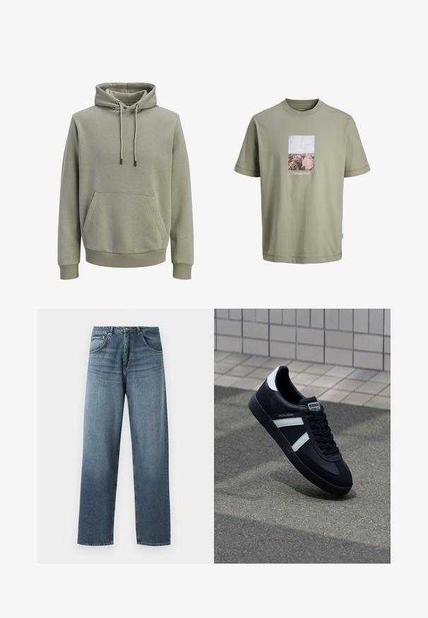 Lys olivengrøn hættetrøje med forlommekangaroo, snore og ribstrikkede manchetter og kant.; Lyse olivengrøn kortærmet T-shirt med et rektangulært tryk af lyserøde klipper og himmel centreret på brystet, med lille hvid tekst under trykket.; Lige ben blå denim jeans med en falmet vask, der har fem lommers design, metallisk knap og bæltestropper. Struktureret, medium vægt stof.; Sort lædersneaker med hvide striber, tekstureret gummisål og snørrebånd foran. Har et brandet mærke på tungen.