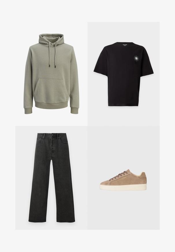 Lys olivengrøn hættetrøje med forlommekangaroo, snore og ribstrikkede manchetter og kant.; Sort T-shirt med korte ærmer med lille hvid cirkulær solstråledesign på venstre bryst og rund halsudskæring.; Sorte højtaljede lige ben jeans i denim med frontknap, lynlås og fem lomme-design på en hvid baggrund.; Beige suedestøvle med rund tå, cremefarvet gummisål og brune snørebånd. Har prægede mærkelogo på siden og tekstureret materiale.