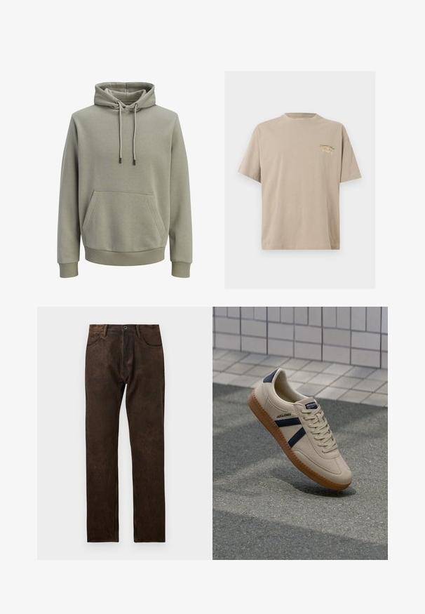 Hellolivgrüner Kapuzenpullover mit Kängurutasche vorne, Kordelzug und gerippten Bündchen an Ärmeln und Saum.; Beiges Kurzarm-T-Shirt aus Baumwolle mit Rundhalsausschnitt und kleinem Brustdruck mit der Aufschrift "Originals Since 1990" in Grün und Beige.; Braune Denim-Jeans mit leicht abgenutzter Struktur, gerade Beinform, fünf Taschen und einem Knopfverschluss an der Taille.; Beige Sneaker mit strukturierter Oberfläche, dunkelblauen Streifen und Gummisohle. Verfügt über eine gepolsterte Zunge und ein traditionelles Schnürsystem für einen sicheren Sitz.