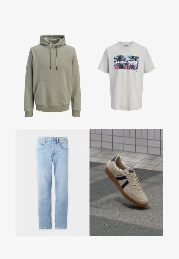 Sweat à capuche vert olive clair avec poche kangourou à l'avant, cordons de serrage, et poignets et ourlet côtelés.; T-shirt blanc à manches courtes avec un imprimé de palmiers en bleu et rose coucher de soleil sur le devant, grand texte JACK & JONES sur la poitrine.; Jean denim bleu clair à jambes droites avec poches avant, passants de ceinture et fermeture à boutons sur fond blanc.; Baskets beiges avec une finition texturée, bandes navy et semelle en caoutchouc. Équipées d'une languette rembourrée et d'un système de laçage traditionnel pour un maintien sécurisé.