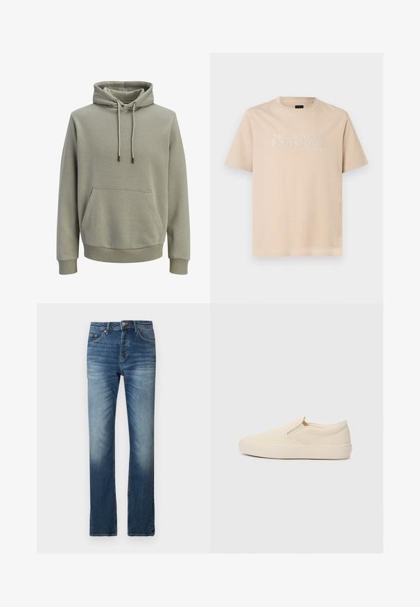Sweat à capuche vert olive clair avec poche kangourou à l'avant, cordons de serrage, et poignets et ourlet côtelés.; T-shirt beige à manches courtes et col rond avec le texte blanc "JACK & JONES PREMIUM EST. 1990" centré sur la poitrine.; Jean en denim bleu avec une coupe droite. Présente un léger délavage, un design à cinq poches et une fermeture à bouton à la taille.; Bottines beige à enfiler en toile avec une semelle en caoutchouc. Présentent des accents élastiques sur les côtés et une texture lisse. Design simple et arrondi.