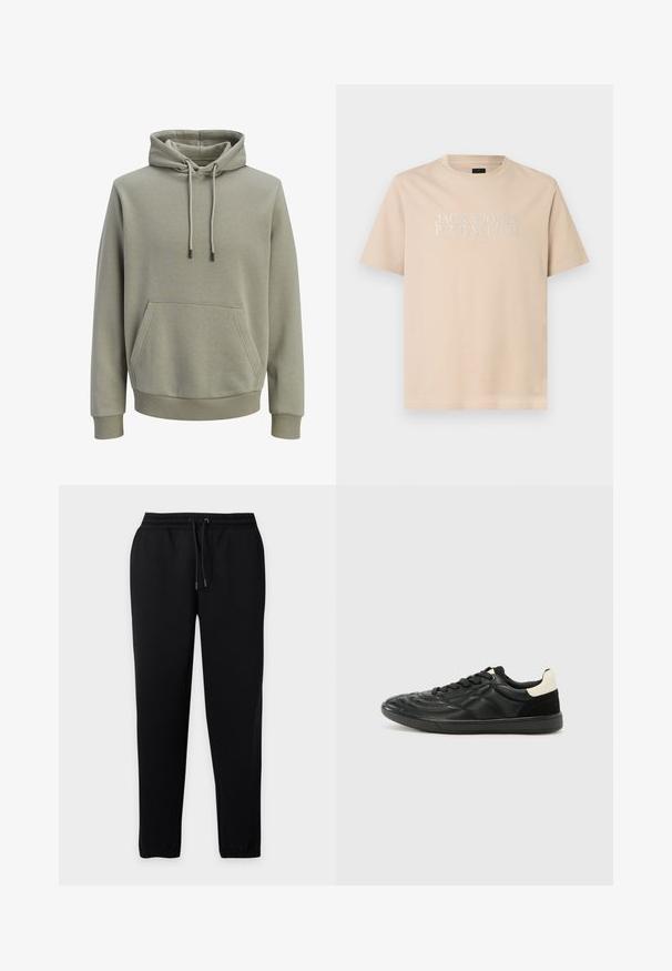 Sweat à capuche vert olive clair avec poche kangourou à l'avant, cordons de serrage, et poignets et ourlet côtelés.; T-shirt beige à manches courtes et col rond avec le texte blanc "JACK & JONES PREMIUM EST. 1990" centré sur la poitrine.; Pantalon de survêtement noir avec taille élastique et cordon, jambes fuselées et poignets élastiques aux chevilles sur un fond uni.; ALDO THEPITCH - Baskets basses - black