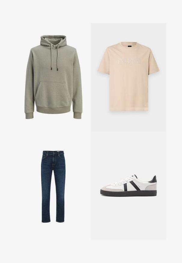Lichtolijfgroene capuchontrui met voorzak, trekkoorden en geribbelde boorden en zoom.; Beige T-shirt met korte mouwen en een ronde hals, met de witte tekst "JACK & JONES PREMIUM EST. 1990" centraal op de borst.; WE Fashion BLUE RIDGE - Straight leg jeans - dark blue; Witte sneaker met zwarte en grijze accenten, voorzien van een grijze neus met textuur, zwarte rubberen zool en platte witte veters. Schoon ontwerp, minimalistische stijl.
