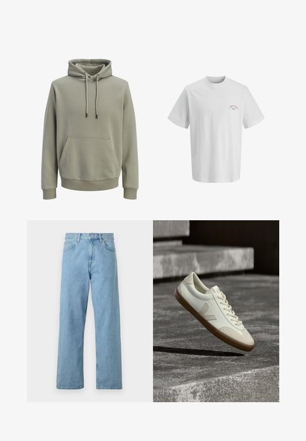 Sweat à capuche vert olive clair avec poche kangourou à l'avant, cordons de serrage, et poignets et ourlet côtelés.; T-shirt blanc à manches courtes avec col rond et petit texte rouge sur la poitrine à gauche indiquant "The IVY Mansion Bayfield Harbor."; Jeans en denim bleu clair avec une coupe droite, cinq poches, fermeture par bouton et fermeture éclair, et une finition légèrement délavée.; Baskets en cuir blanc avec semelle en caoutchouc beige, lacets plats et accent en forme de V sur le côté. Présentent une surface lisse et peu de détails de couture.