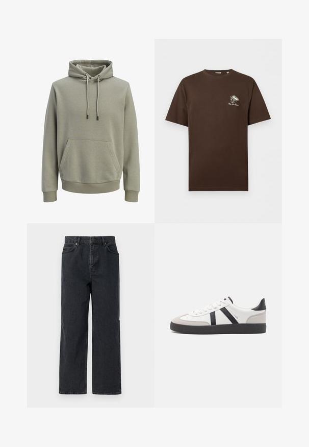 Hellolivgrüner Kapuzenpullover mit Kängurutasche vorne, Kordelzug und gerippten Bündchen an Ärmeln und Saum.; Braunes T-Shirt mit kurzen Ärmeln, mit einer kleinen weißen Kassetten-Grafik und dem Text "Play the future" auf der linken Brust.; Dunkelblaue Denim-Hosen mit weitem Bein, Fünf-Taschen-Design und Knopfverschluss. Enthält Hardware in kupferfarbener Ausführung und eine subtile Textur.; Weiße Sneaker mit schwarz- und grau-aczenten, ausgestattet mit einer strukturierten grauen Zehenkappe, schwarzer Gummi-Sohle und flachen weißen Schnürsenkeln. Sauberes Design, minimalistische Stil.