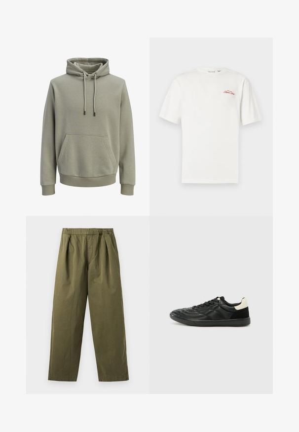 Sweat à capuche vert olive clair avec poche kangourou à l'avant, cordons de serrage, et poignets et ourlet côtelés.; T-shirt en coton blanc à manches courtes et col rond. Présente un logo rouge brodé sur la partie gauche de la poitrine.; Pantalon large vert olive avec une taille élastique et des plis sur le devant, présenté sur un fond clair.; ALDO THEPITCH - Baskets basses - black