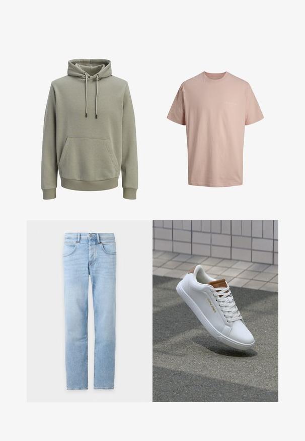 Sweat à capuche vert olive clair avec poche kangourou à l'avant, cordons de serrage, et poignets et ourlet côtelés.; T-shirt en coton rose clair à manches courtes, col rond et petit texte blanc "ORIGINALS" sur la poitrine gauche.; Jean denim bleu clair à jambes droites avec poches avant, passants de ceinture et fermeture à boutons sur fond blanc.; Baskets en cuir blanc avec une texture lisse, accent beige au niveau du talon, logo doré sur le côté et semelle en caoutchouc avec une adhérence texturée.