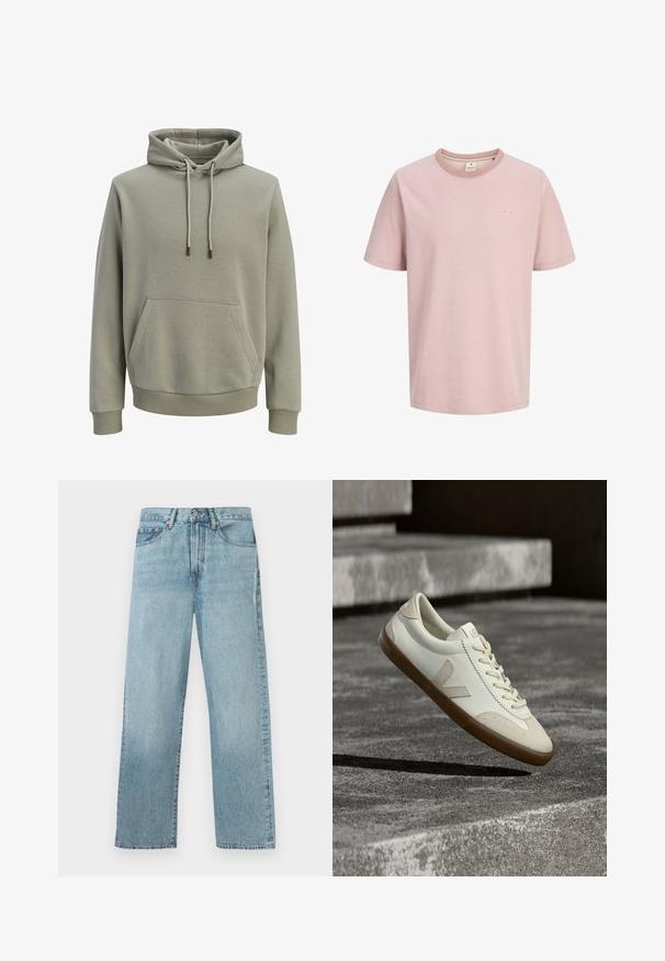 Lys olivengrøn hættetrøje med forlommekangaroo, snore og ribstrikkede manchetter og kant.; Lys pink kortærmet T-shirt med rund hals, med et lille hvidt logo på venstre bryst og et enkelt, ensfarvet design.; Lyseblå denimjeans med lige ben, fem lomme-design og knaplukning i taljen.; Hvide læder sneakers med tanfarvet gummisål, flade snørebånd og V-formet detalje på siden. Har en glat overflade og minimale syninger.