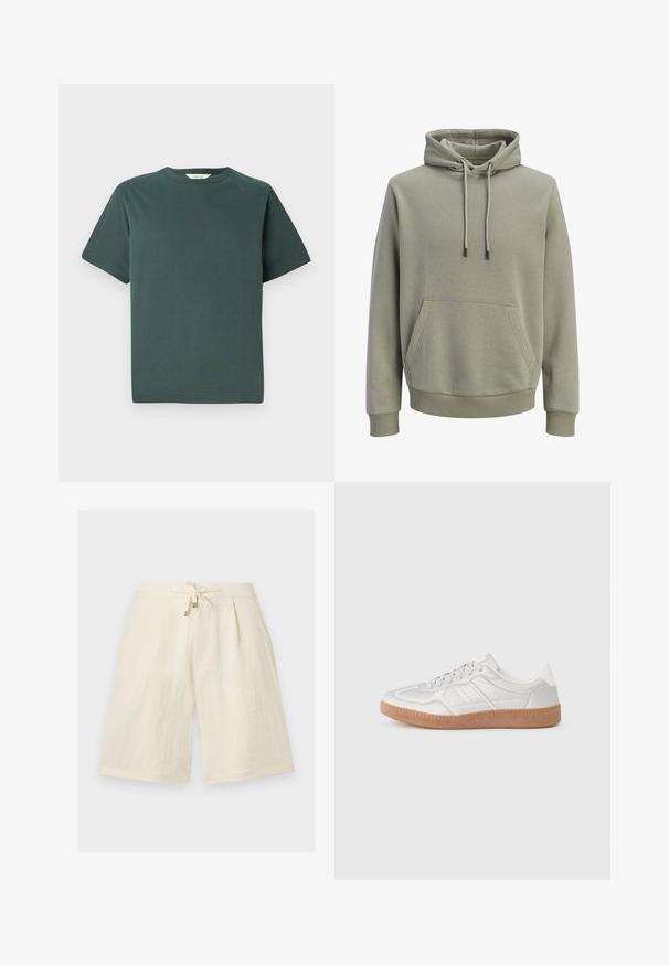 Sudadera con capucha de color verde oliva claro, con bolsillo canguro en el frente, cordones ajustables y puños y dobladillo acanalados.; Camiseta de algodón verde oscuro con escote redondo, mangas cortas y un corte holgado; textura suave y sin patrones o acentos visibles.; Pantalones cortos color crema hasta la rodilla con cintura de cordón y ajuste holgado, hechos de tela ligera.; Zapatillas plateadas con una textura suave, diseño de cordones, acentos perforados y una suela de goma marrón texturizada.