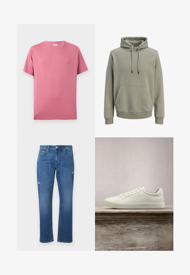 Sweat à capuche vert olive clair avec poche kangourou à l'avant, cordons de serrage, et poignets et ourlet côtelés.; T-shirt rose uni en coton à manches courtes avec col rond et logo discret sur la poitrine gauche, présenté sur un fond blanc.; Jean droit bleu avec cinq poches, fermeture à bouton et fermeture éclair à l'avant, et détails légèrement usés sur les cuisses.; Sneaker en dentelle blanche flottant au-dessus d'un banc en bois avec un feuillage vert en arrière-plan, mettant en valeur le design et la texture de la chaussure.