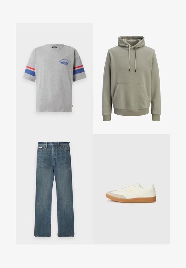 Sudadera con capucha de color verde oliva claro, con bolsillo canguro en el frente, cordones ajustables y puños y dobladillo acanalados.; Camiseta de algodón gris con mangas cortas, que presenta rayas azules y rojas en las mangas y el logo "Ford Motor Co" en azul en el pecho.; Jeans de denim azul con un ajuste relajado, con pierna recta, detalles desgastados y diseño clásico de cinco bolsillos. Cintura de talle medio.; Zapatilla de cuero blanca con puntera beige y suela de goma marrón claro. Presenta cordones planos blancos y una marca en relieve en el lateral.