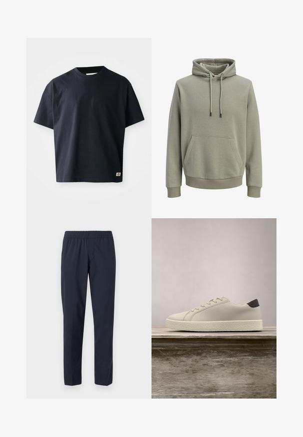 Lichtolijfgroene capuchontrui met voorzak, trekkoorden en geribbelde boorden en zoom.; Marineblauwe T-shirt met korte mouwen en ronde hals, voorzien van een klein rechthoekig merklogo nabij de onderzoom aan de rechtervoorkant.; Marineblauwe broek met een elastische tailleband, rechte pijpen, lichte stof en geen zichtbare zakken of versieringen.; Witte sneaker met gestructureerde zool en zwarte hieldetails, zwevend boven een houten bank met hoge groene graspluimen op de achtergrond.