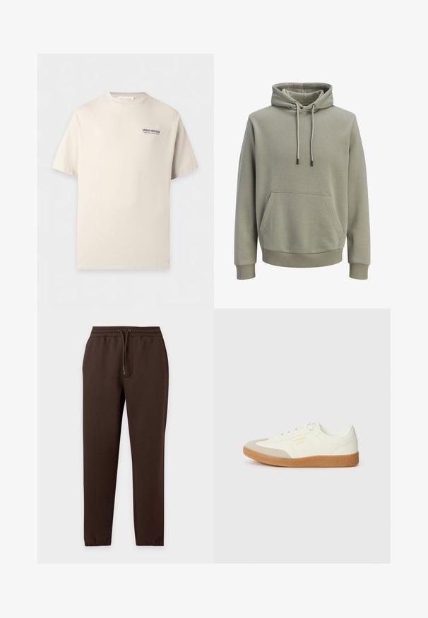Sweat à capuche vert olive clair avec poche kangourou à l'avant, cordons de serrage, et poignets et ourlet côtelés.; T-shirt beige à manches courtes avec col rond et petit texte noir "URBAN HERITAGE WHERE FOOTSTEPS MEET HISTORY" sur la poitrine gauche.; Pantalon de jogging marron avec taille élastique, cordon, poches latérales et poignets élastiques, posé à plat sur un fond clair.; Baskets en cuir blanc avec une coque beige et une semelle en caoutchouc marron clair. Dotées de lacets blancs plats et d'un logo embossé sur le côté.