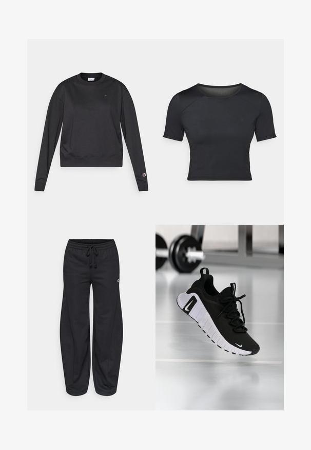 Zwarte sweatshirt met lange mouwen van een katoenmix. Heeft een geribde ronde hals en manchetten, en een klein logo op de borst en mouw.; Zwarte korte mouwen crop top gemaakt van glad, rekbaar materiaal met een ronde halslijn en subtiele naaddetails op de schouders.; Zwarte joggingbroek van een katoenmix, met een elastische tailleband met trekkoord, wijde pijpen en zijzakken. Kleine logodetail aanwezig.; Zwarte sportschoen met een textuurstof bovenwerk, witte zool en een opvallend vetersysteem. Voorzien van een Nike-logo en een zacht, gedempt ontwerp.