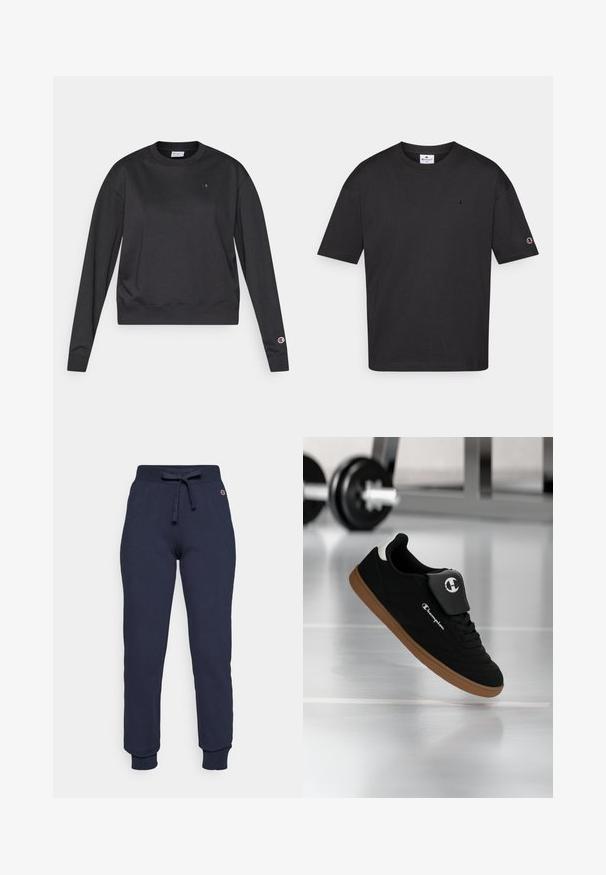 Sudadera negra de manga larga hecha de mezcla de algodón. Presenta cuello redondo y puños acanalados, y un pequeño logo en el pecho y la manga.; Camiseta de algodón negro con cuello redondo, mangas cortas y un pequeño logo bordado en el pecho y la manga. Textura suave, ajuste casual.; Pantalones de chándal azul marino hechos de una mezcla de algodón, con una cintura ajustable con cordón, puños acanalados y un pequeño logo en la cadera.; Zapatilla Champion negra y marrón suspendida en el aire en un gimnasio, con una barra de pesas desenfocada en el fondo.