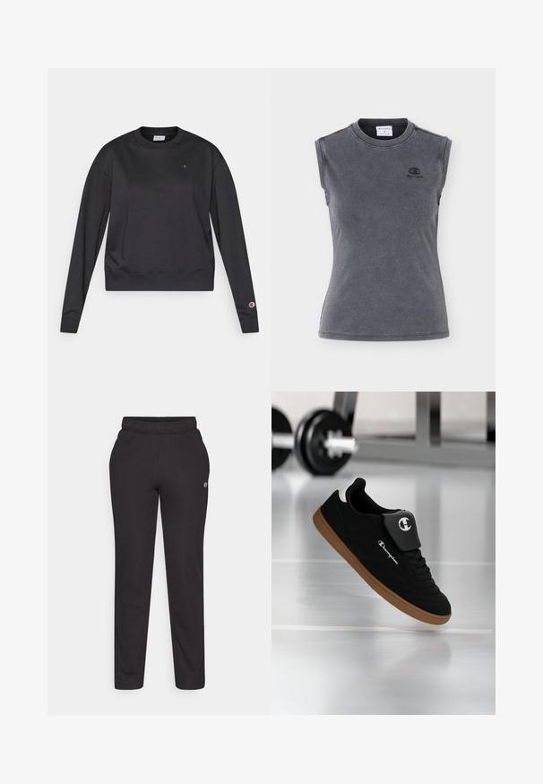 Sudadera negra de manga larga hecha de mezcla de algodón. Presenta cuello redondo y puños acanalados, y un pequeño logo en el pecho y la manga.; Camiseta sin mangas gris oscuro con textura acanalada, escote redondo y pequeño logo negro de Champion en el pecho izquierdo.; Pantalones deportivos negros hechos de una tela suave, con una cintura elástica, piernas rectas y un pequeño logo en el costado.; Zapatilla Champion negra y marrón suspendida en el aire en un gimnasio, con una barra de pesas desenfocada en el fondo.