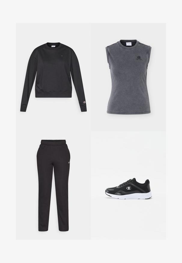 Sudadera negra de manga larga hecha de mezcla de algodón. Presenta cuello redondo y puños acanalados, y un pequeño logo en el pecho y la manga.; Camiseta sin mangas gris oscuro con textura acanalada, escote redondo y pequeño logo negro de Champion en el pecho izquierdo.; Pantalones deportivos negros hechos de una tela suave, con una cintura elástica, piernas rectas y un pequeño logo en el costado.; Zapatillas deportivas negras con parte superior de malla, suela de goma blanca y logo en tono en el lado. Con cordones y un collar acolchado para mayor soporte.