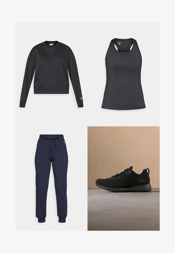 Sort langærmet sweatshirt lavet af bomuldsblanding. Har ribbet rund hals og manchetter samt en lille logo på brystet og ærmet.; Sort atletik tanktop med racerback-design, lavet af glat, strækbart stof med få sømme og logo på forsiden.; Mørkeblå sweatpants lavet af en bomulds-blanding, med snor i taljen, ribbede manchetter og et lille logo på hoften.; Sorte sportsko med tekstureret overdel, rund tå og snørebånd. Har en polstret sål og en løkke i hælen for nem påtagning.