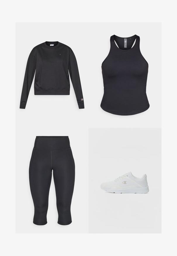 Schwarzer Sweatshirt mit langen Ärmeln aus Baumwollmischung. Verfügt über einen gerippten Rundhalsausschnitt und Bündchen sowie ein kleines Logo auf der Brust und am Ärmel.; ONLY Play ONPSANA SHORT - Top - black; Schwarze Capri-Leggings aus dehnbarem Stoff. Hohe Taille mit seitlichen Nähten und versäubertem Saum, glatte Textur, keine sichtbaren Muster.; Weiße Sportschuhe mit einem strukturierten Mesh-Obermaterial, gepolstertem Schaft und kontrastierendem Logo an der Seite. Verfügt über eine leichte Gummisohle.