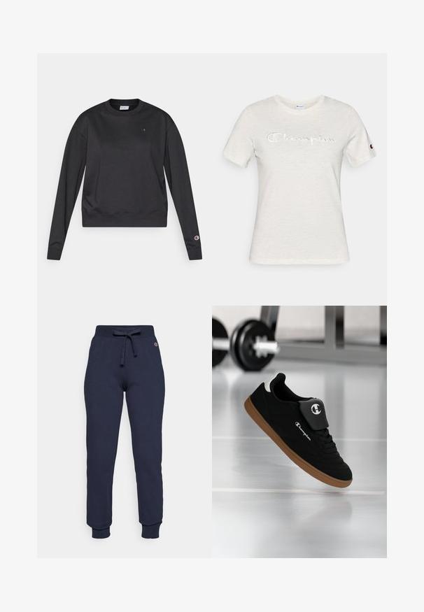 Sort langærmet sweatshirt lavet af bomuldsblanding. Har ribbet rund hals og manchetter samt en lille logo på brystet og ærmet.; Hvid bomulds t-shirt med korte ærmer, rund hals og broderet "Champion"-logo i en kontrasterende tekstur på fronten.; Mørkeblå sweatpants lavet af en bomulds-blanding, med snor i taljen, ribbede manchetter og et lille logo på hoften.; Sort og brun Champion-sneakers svævende i luften i et fitnessmiljø med en sløret vægtstang i baggrunden.