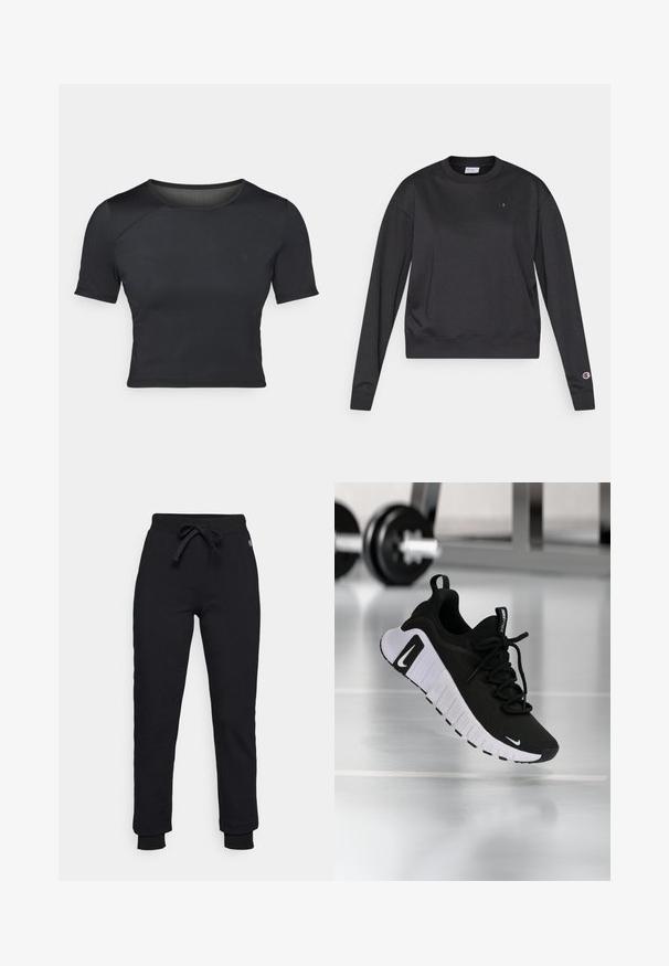 Zwarte sweatshirt met lange mouwen van een katoenmix. Heeft een geribde ronde hals en manchetten, en een klein logo op de borst en mouw.; Zwarte korte mouwen crop top gemaakt van glad, rekbaar materiaal met een ronde halslijn en subtiele naaddetails op de schouders.; Zwarte sweatpants met een trekkoord in de taille, geribde boorden en een subtiele logopatch op de heup. Gemaakt van zacht, rekbaar materiaal.; Zwarte sportschoen met een textuurstof bovenwerk, witte zool en een opvallend vetersysteem. Voorzien van een Nike-logo en een zacht, gedempt ontwerp.