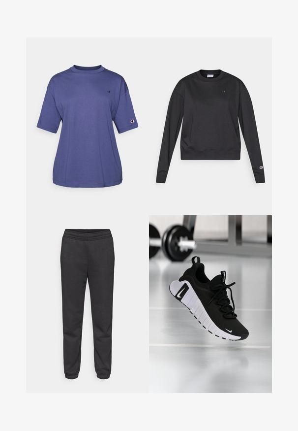 Sudadera negra de manga larga hecha de mezcla de algodón. Presenta cuello redondo y puños acanalados, y un pequeño logo en el pecho y la manga.; Camiseta de algodón morada de cuello redondo y manga corta, que presenta un pequeño logo en el pecho y un parche del logo en la manga.; Pantalones deportivos gris oscuro con cintura ajustable con cordón, piernas cónicas y puños elásticos. Hechos de una tela suave y texturizada.; Zapatilla deportiva negra con parte superior de tela texturizada, suela blanca y sistema de cordones prominente. Presenta un logo de Nike y un diseño suave y acolchado.