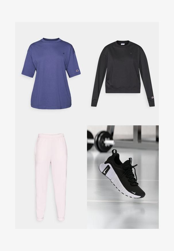 Sort langærmet sweatshirt lavet af bomuldsblanding. Har ribbet rund hals og manchetter samt en lille logo på brystet og ærmet.; Lilla bomulds T-shirt med rund hals og korte ærmer, med et lille logo på brystet og et logo patch på ærmet.; Lyserøde sweatpants med snor i taljen, sidelommer og elastiske manchetter. Fremstillet af blød, strækbar stof.; Sort atletiksko med en tekstureret stofoverdel, hvid sål og fremtrædende snøresystem. Indeholder en Nike-logo og et blødt, polstret design.