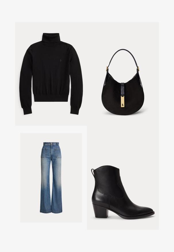 Black long-sleeve turtleneck sweater with ribbed cuffs and hem, featuring a subtle embroidered logo on the left chest.; High-waisted blue denim jeans with wide legs, front patch pockets, button closure, and faded areas on thighs and knees.; Black leather ankle boot with a low block heel, rounded toe, and pull tab at the back against a plain white background.; Black suede crescent handbag with a single black strap and gold clasp featuring a polo player logo.