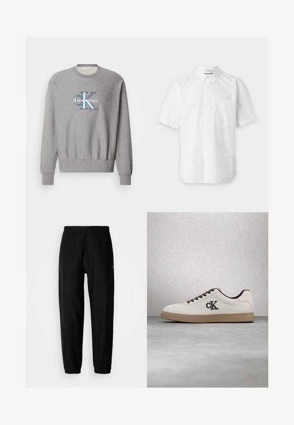 Grå sweatshirt med rund halsudskæring, ribbede ærmer og kant, med et blåt og hvidt "Calvin Klein" logo i centrum. Klassisk pasform.; Hvid kortærmet skjorte med knapper, krave og venstre brystlomme, vist på en ensfarvet lys baggrund.; Sorte træningsbukser med elastisk talje, tapered ben og manchetter. Glat stoftekstur. Logo detalje på siden.; Hvid sneakers med brune accenter, ruskindsmateriale, flade snørebånd og gummisål. Har en logo på siden og en glat tekstur.