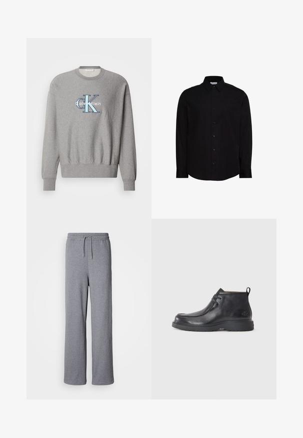 Grå sweatshirt med rund halsudskæring, ribbede ærmer og kant, med et blåt og hvidt "Calvin Klein" logo i centrum. Klassisk pasform.; Sort langærmet skjorte med knapper, lavet af glat stof. Har en klassisk krave, frontknaplukning og et lille logo på brystet.; Grå, brede sweatpants lavet af blødt materiale; har en elastisk talje med snøre og ingen lommer. Enkelt, udekoreret design.; Sorte læder ankelstøvler med rund tå, snørelukning og en løkke bagpå. Tekstureret overdel og gummisål.