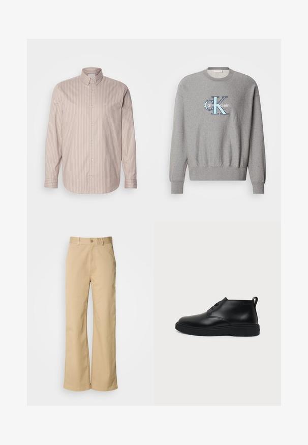 Sudadera gris con cuello redondo, puños y dobladillo de canalé, que presenta un logo azul y blanco de "Calvin Klein" en el centro. Ajuste clásico.; Camisa de botones de manga larga beige con rayas verticales blancas, cuello puntiagudo y un pequeño logotipo bordado en el pecho.; Pantalones beige de pierna ancha, hechos de una mezcla de algodón. Presentan un cierre de botón y trabillas para cinturón. Textura suave, con detalles de costura mínimos.; Zapato de cuero negro hasta el tobillo con cordones, suela gruesa de goma y lengüeta en el talón, mostrado en perfil lateral sobre un fondo liso.