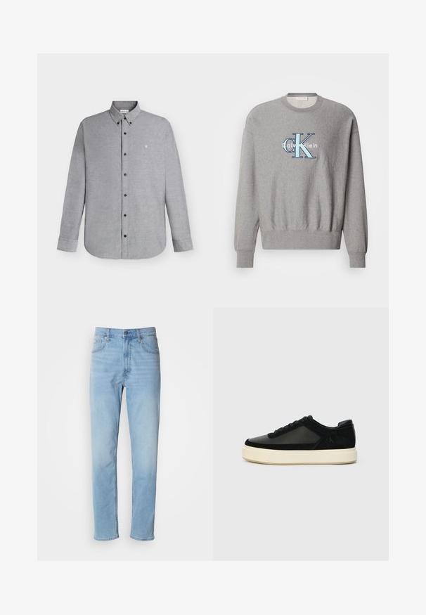 Hallgray nii, millel on ümar kaelus, soonikuga varrukad ja ääred, keskosas on sinise ja valge "Calvin Klein" logo. Klassis sobivus.; Helehall hall pikkade varrukatega nööbitav särk nööbitava kraega ja väike "cK" logo tikandiga vasakul rinnal.; Heledad sinine teksapüksid sirge lõikega, viie tasku ja vöökohtadega. Kanga pind on sile ja seal on kerge fade-efekt.; Mustad muste, millel on kombineeritud nahk ja samet, ümar varvas, ühtse värviga paelad ja paks valge kummist põhi. Detailline logo küljes.