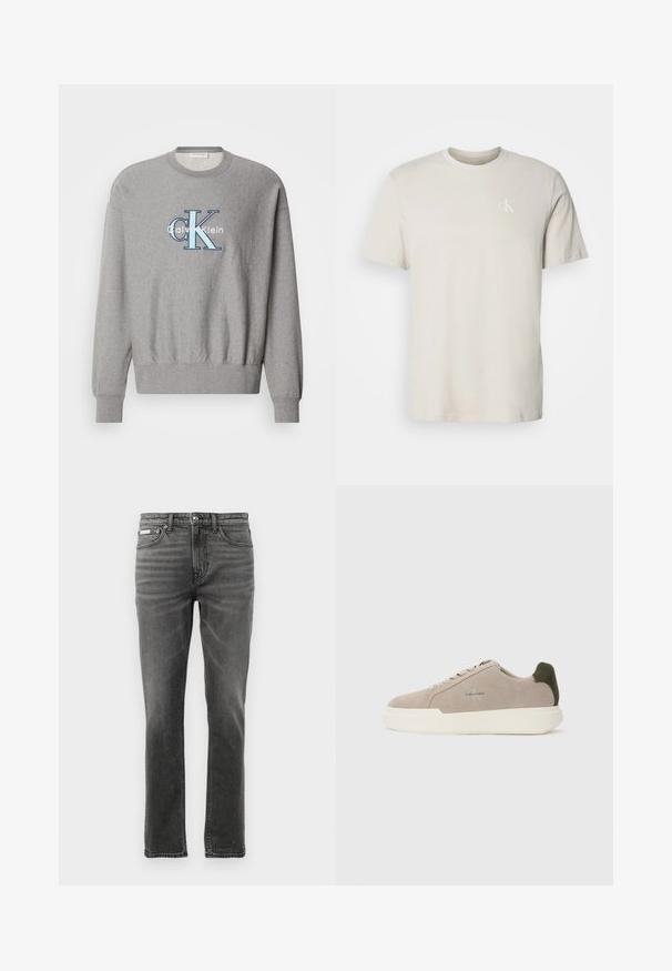 Šedá mikina so zaobleným výstrihom, rebrovanými manžetami a lemom, s modro-bielym logom "Calvin Klein" v strede. Klasický strih.; Béžové bavlnené tričko s krátkym rukávom a okrúhlym výstrihom, na ľavej strane hrudníka malé biele logo "cK".; Tmavošedé džínsy s rovnými nohavicami, dizajnom s piatimi vreckami, jemným vyblednutím a kovovými detailmi v oblasti pásu.; Béžové semišové tenisky s bielou gumovou podrážkou, zdobené tmavozeleným akcentom na päte a jemným brandingom na boku.
