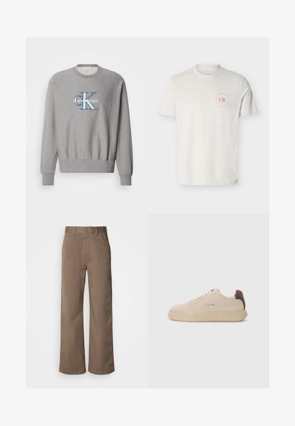 Sudadera gris con cuello redondo, puños y dobladillo de canalé, que presenta un logo azul y blanco de "Calvin Klein" en el centro. Ajuste clásico.; Camiseta blanca de manga corta con cuello redondo y pequeño logo circular rojo "CK Calvin Klein" en el pecho izquierdo.; Pantalones de pierna ancha color beige, fabricados en una suave mezcla de algodón, con cierre de botón, trabillas para cinturón y sin patrones visibles. Textura suave.; Zapatilla de ante beige con punta redondeada, cordones en la parte frontal y un acento de ante marrón en el talón. Cuenta con una suela de goma texturizada.