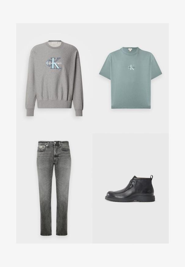 Grå sweatshirt med rund halsudskæring, ribbede ærmer og kant, med et blåt og hvidt "Calvin Klein" logo i centrum. Klassisk pasform.; Lyseblågrøn kortærmet T-shirt med rund hals og centreret Calvin Klein-logo i hvid og sort tekst på forsiden.; Grå denim jeans med lige ben, foran lommer, bæltestropper, knaplukning og diskrete slidte detaljer.; Sorte læder ankelstøvler med rund tå, snørelukning og en løkke bagpå. Tekstureret overdel og gummisål.