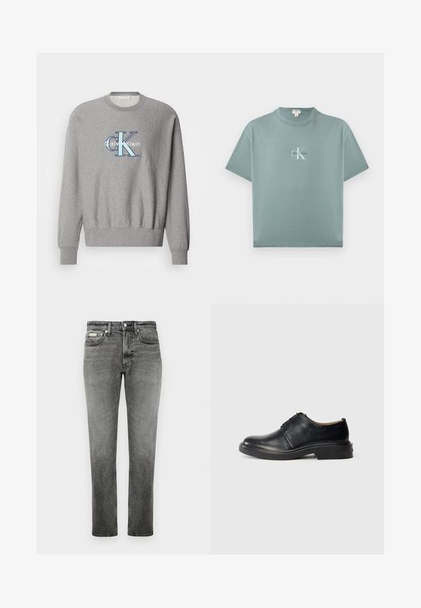 Grijze sweatshirt met een ronde halslijn, geribbelde manchetten en onderrand, met een blauw-wit "Calvin Klein" logo in het midden. Klassieke pasvorm.; Licht turquoise T-shirt met korte mouwen en ronde hals, met een centraal geplaatst Calvin Klein-logo in witte en zwarte letters op de voorkant.; Rechtersnit grijze denim jeans met voorzakken, riemlussen, knoopsluiting en subtiele vervaagde details.; Zwarte leren oxford-schoen met ronde neus, vetersluiting aan de voorkant en een lage gestapelde hak op een effen lichte achtergrond.
