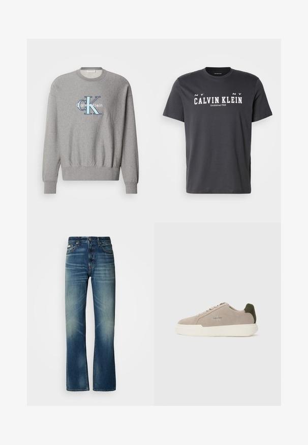 Sudadera gris con cuello redondo, puños y dobladillo de canalé, que presenta un logo azul y blanco de "Calvin Klein" en el centro. Ajuste clásico.; Camiseta de algodón negra con escote redondo, mangas cortas y un texto bold en blanco que dice "CALVIN KLEIN Establecido en 1968" en el frontal.; Jeans de mezclilla azul con un corte recto, lavado medio, detalles deslavados, cinco bolsillos y cierre de botón. Costuras distintivas a lo largo de las costuras.; Zapatillas de piel de ante beige con suela de goma blanca, que presentan un acento en el talón de color verde oscuro y un sutil logo en el lateral.