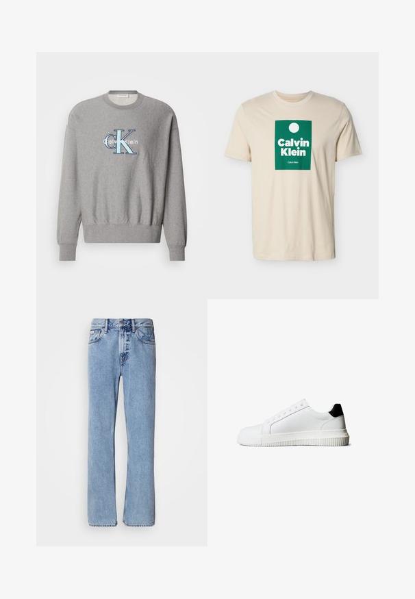 Sudadera gris con cuello redondo, puños y dobladillo de canalé, que presenta un logo azul y blanco de "Calvin Klein" en el centro. Ajuste clásico.; Camiseta beige de manga corta con logo rectangular verde que presenta un círculo blanco y el texto "Calvin Klein" en letras blancas negritas.; Jeans de mezclilla azul claro con un diseño de pierna recta, cinco bolsillos y cierre de botón. Detalles de costura cerca de los bolsillos y la cintura.; Zapatillas de cuero blanco con un detalle en el talón negro, que cuentan con cordones planos, punta redondeada y una suela de goma acanalada para mejor agarre.